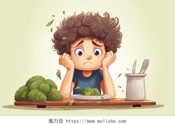一个小男孩表情困扰坐在餐桌卡通AI插画儿童厌食挑食健康饮食